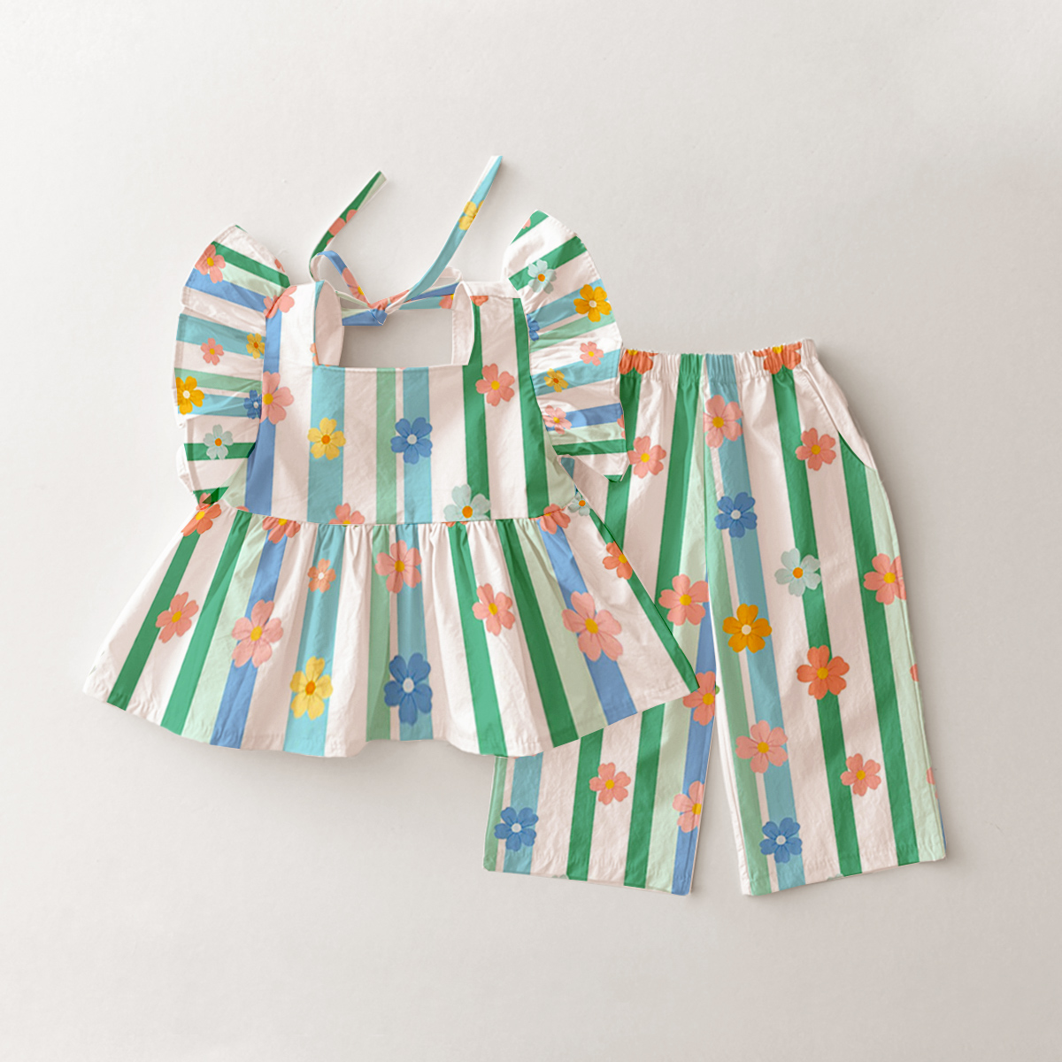 Baby & Kids Flower Stripe  Ruffle Sleeves 2 Piece Set