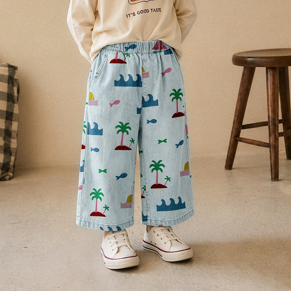 Baby & Kids Waves Coconut Trees Print Denim Pants