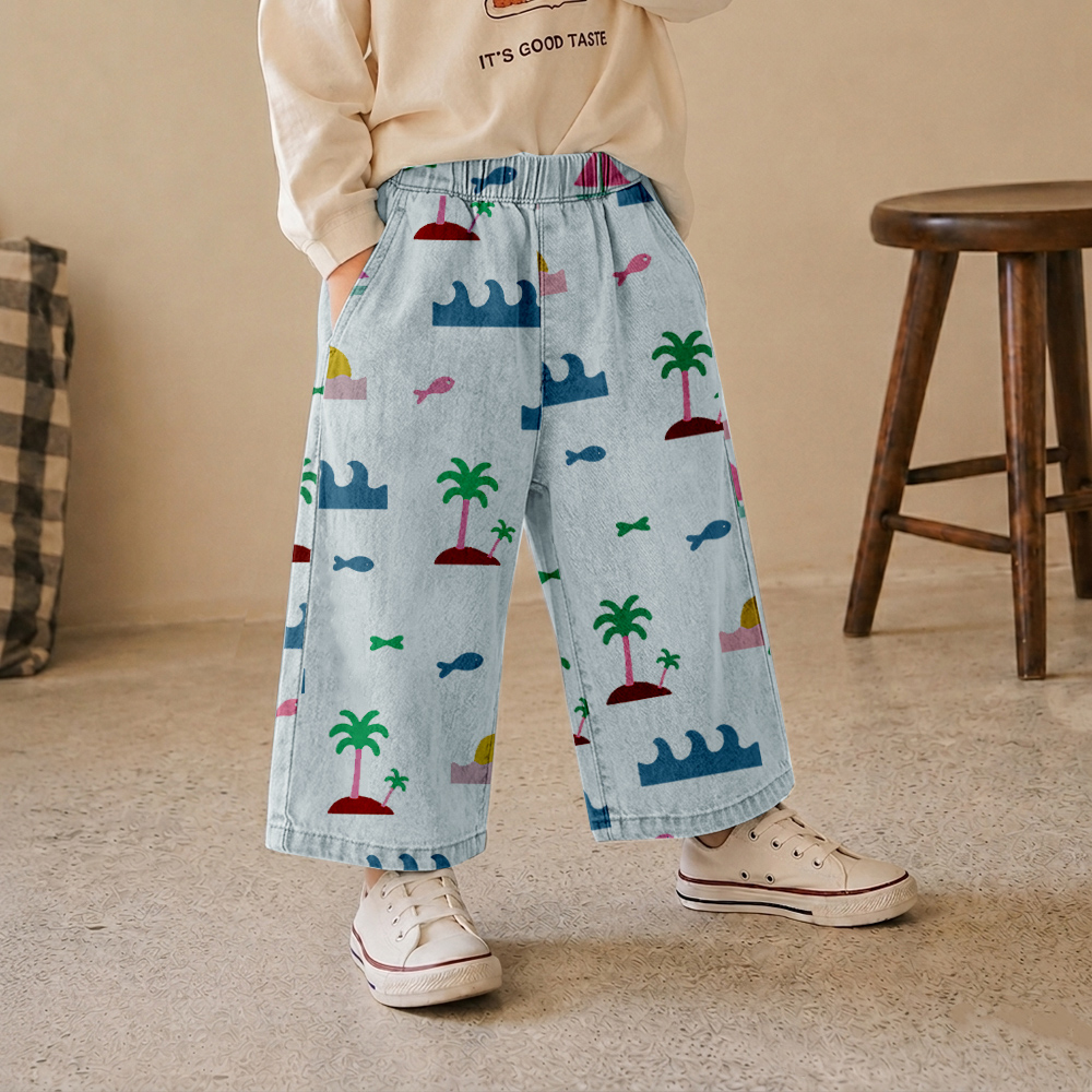 Baby & Kids Waves Coconut Trees Print Denim Pants