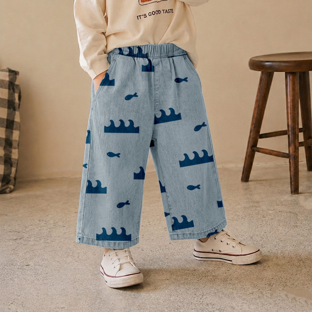 Baby & Kids Wave Sardines Print Denim Pants