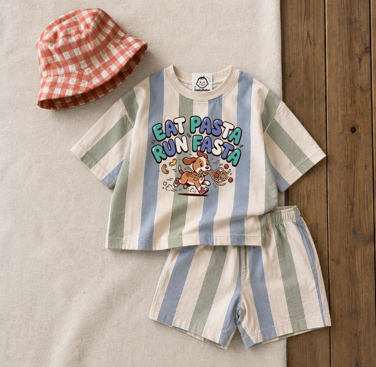 Baby & Kids EAT PASTA RUN FASTA Dog Stripe Tee and Shorts Sets