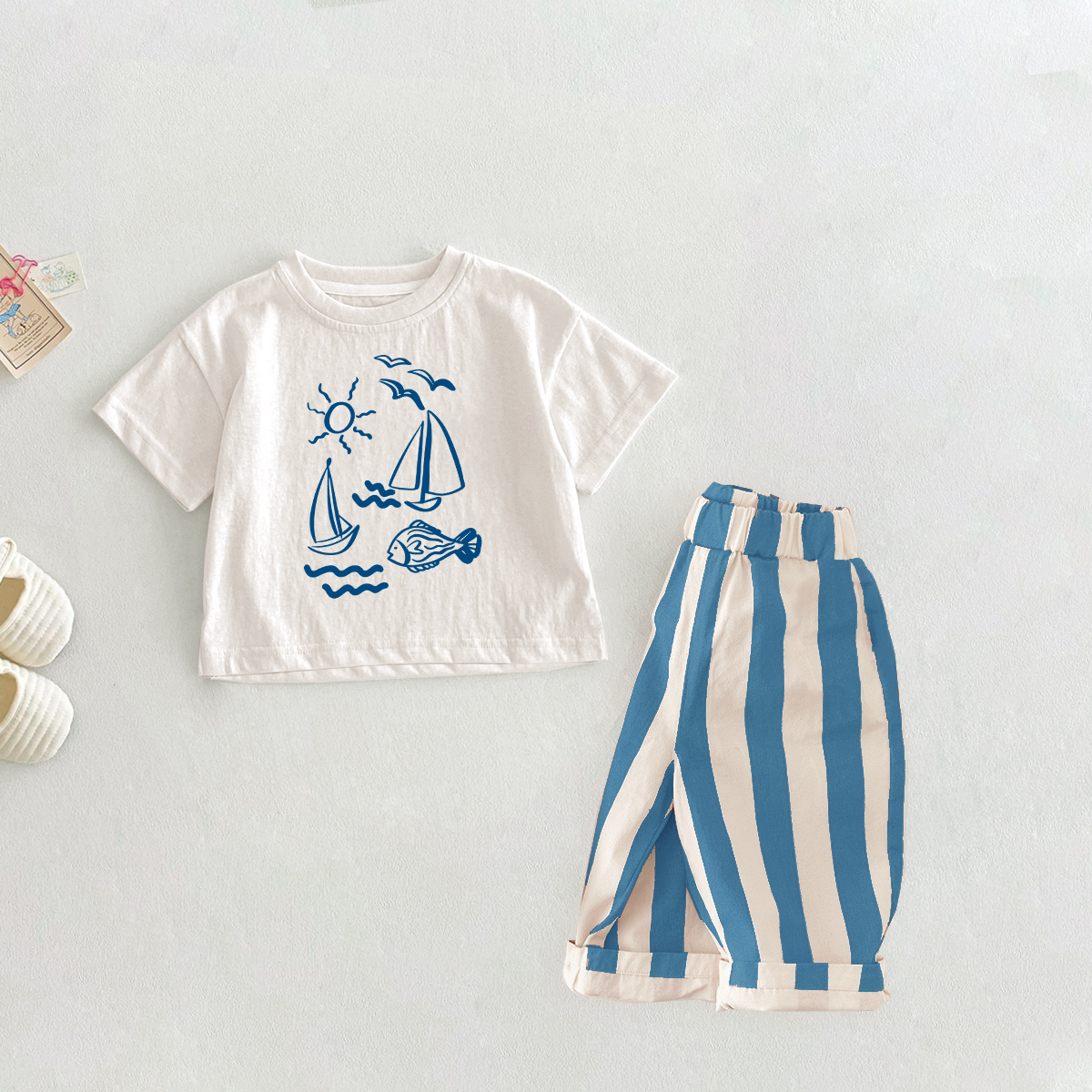 Baby Toddler Sailboat Print Blue Vertical Striped 2-piece Set