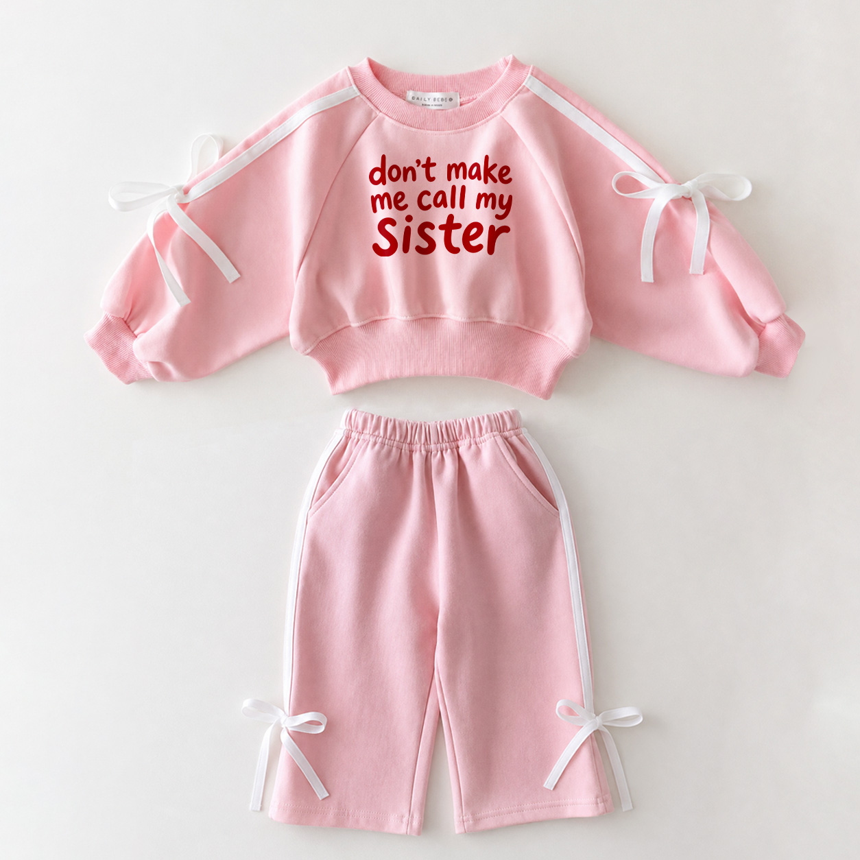 DON'T MAKE ME CALL MY SISTER Toddler Girl Bow Tie Web Sweatshirt Pants set