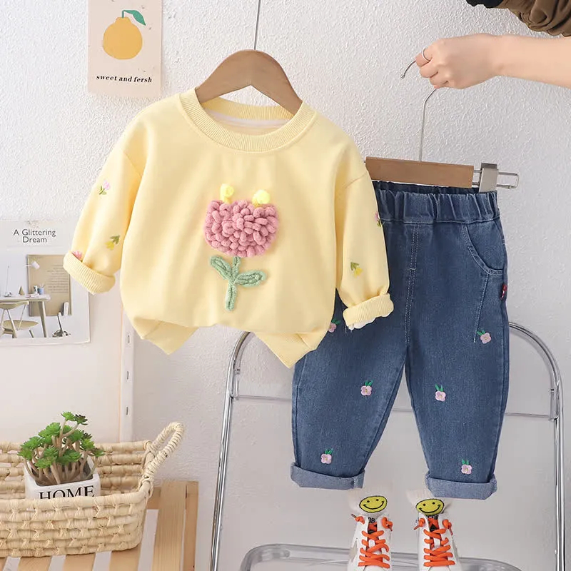 Kid 2-Piece Lovely Flower Denim Set