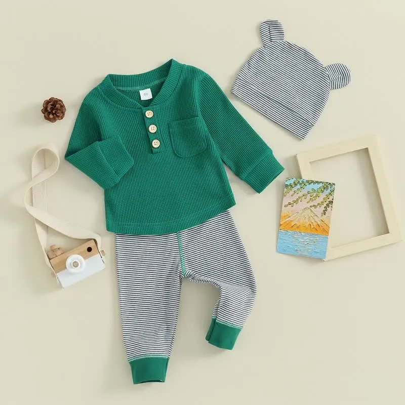 Baby Waffle Top Striped Pants and Hat 3pcs Set
