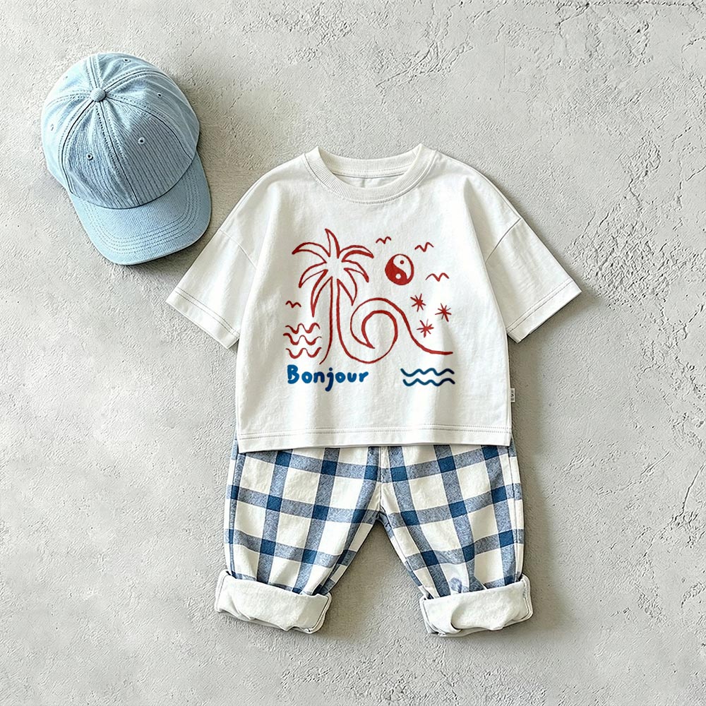 BONJOUR Baby & Kids Beach Graphic Plaid 2 Piece Set
