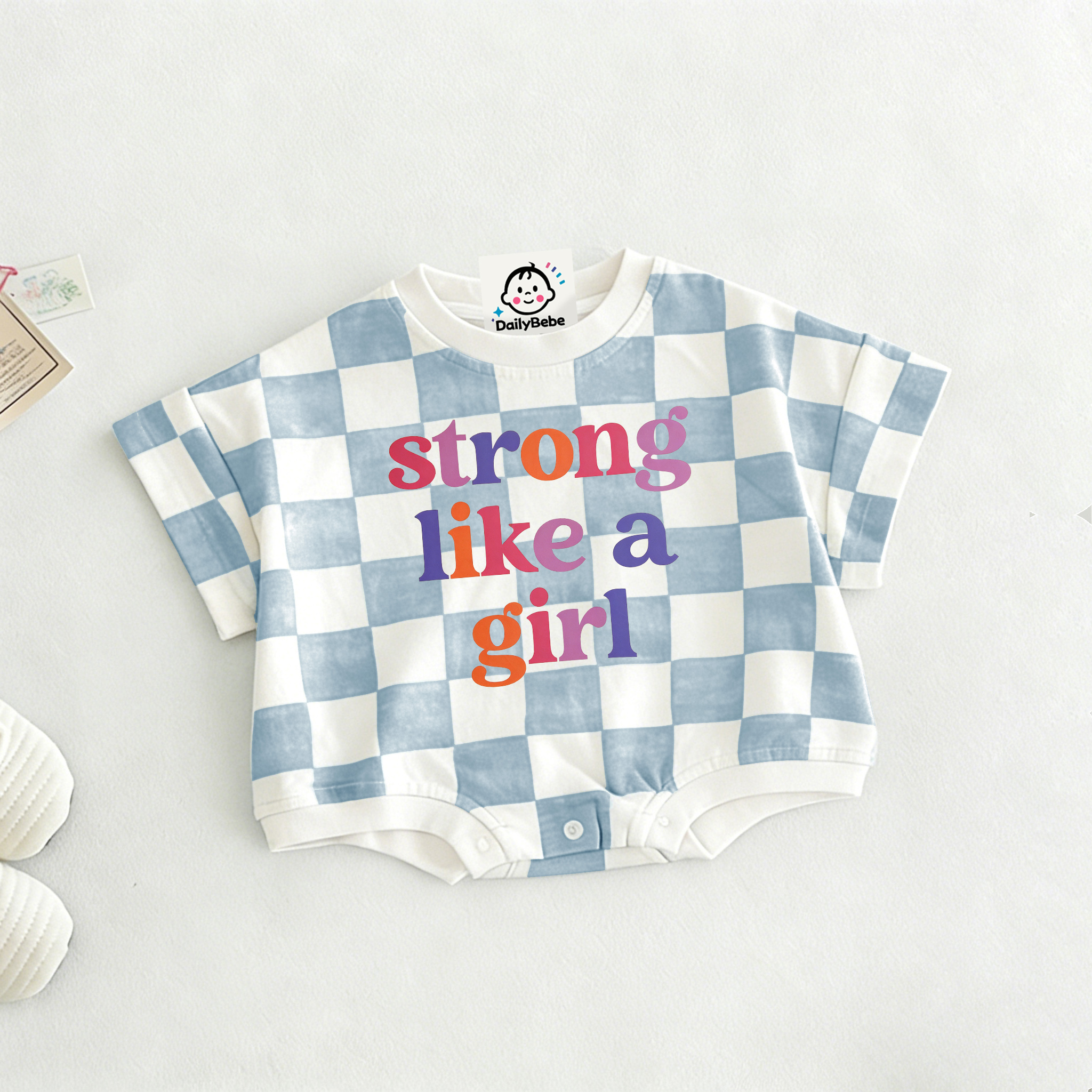 STRONG LIKE GIRL Baby Check T-shirt Romper