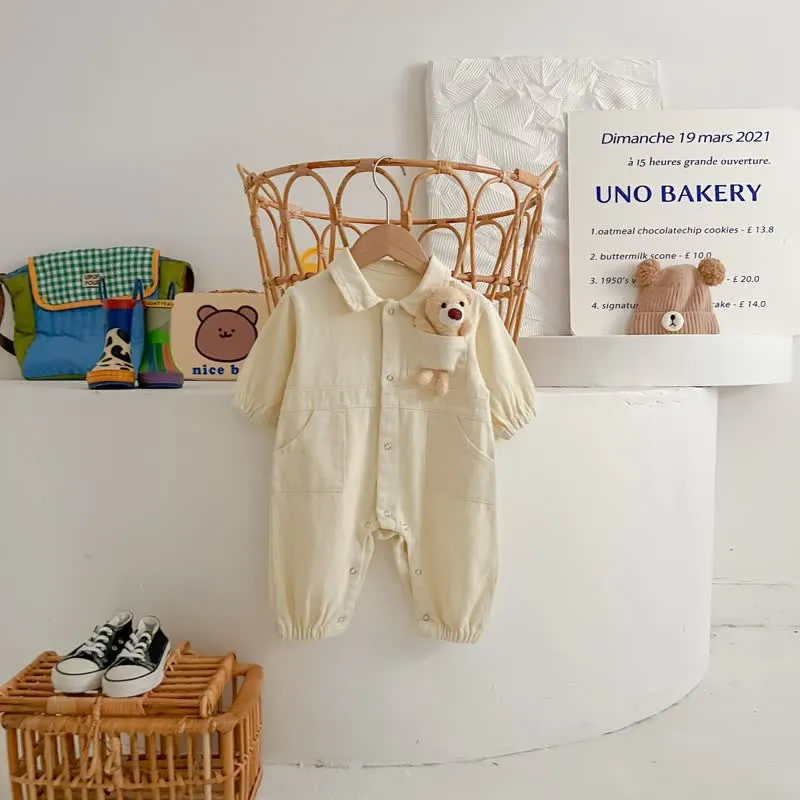 Baby Bear Pocket Lapel Denim Romper