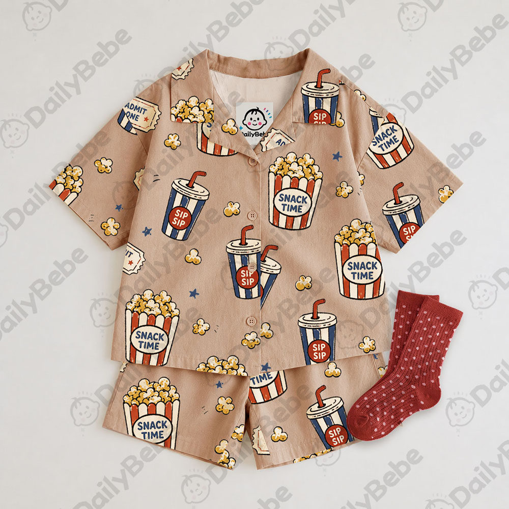 SNACK TIME Baby & Kids Movie Popcorn Print Lapel Beach Sets