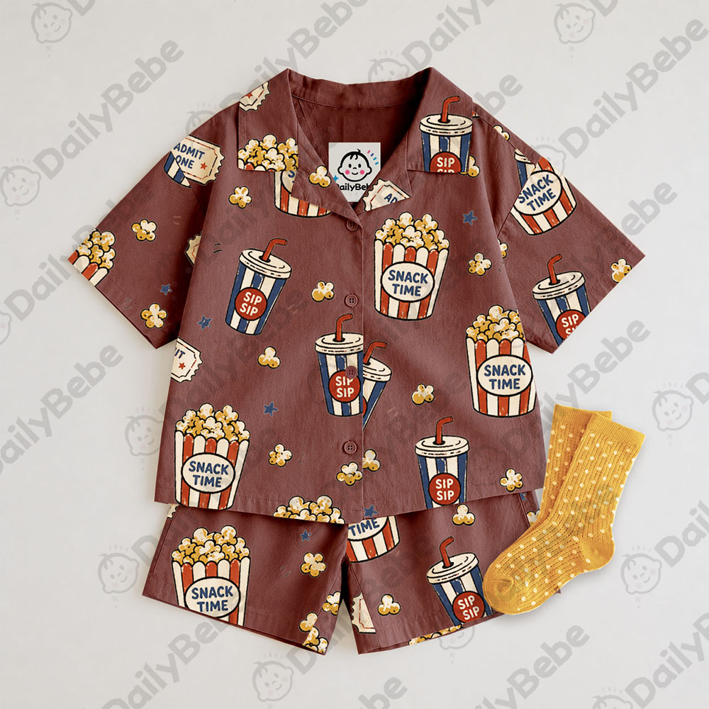 SNACK TIME Baby & Kids Movie Popcorn Print Lapel Beach Sets