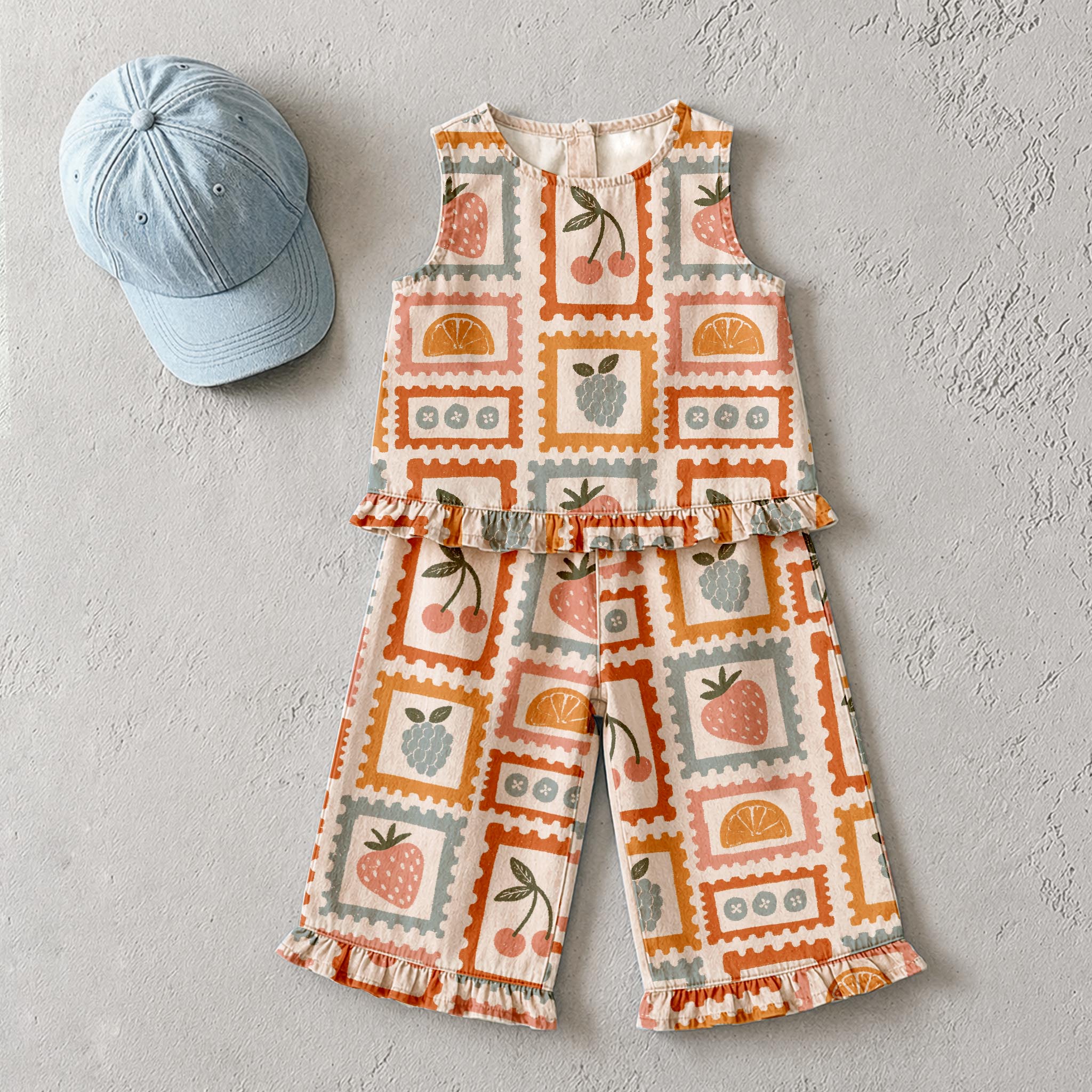 Baby & Kids Fruit Stamp Light Orange Denim 2 Piece Set