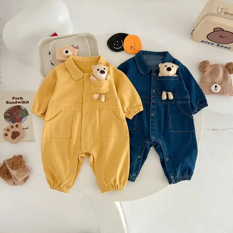 Baby Bear Pocket Lapel Denim Romper