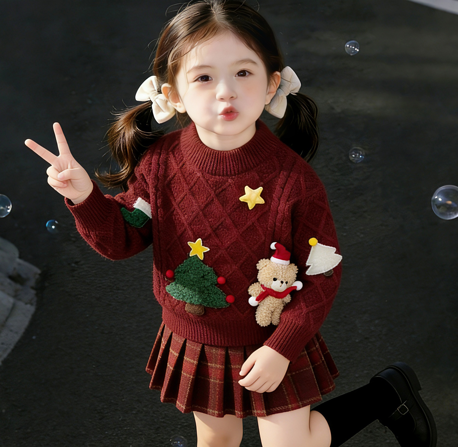 Kids Christmas Knit Sweater and Checkered Skirt Set