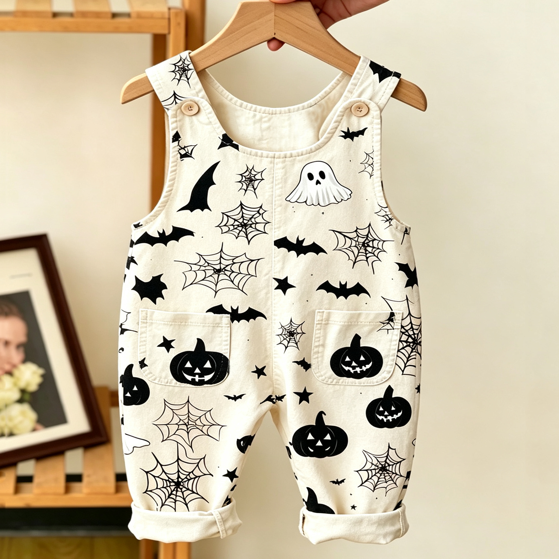 Baby Toddler Pumpkin and bat pattern Overalls