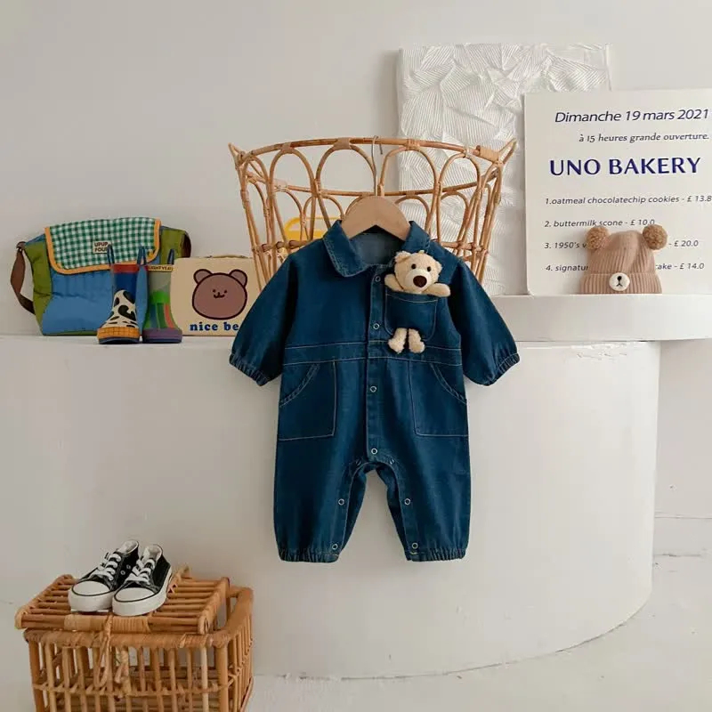 Baby Bear Pocket Lapel Denim Romper