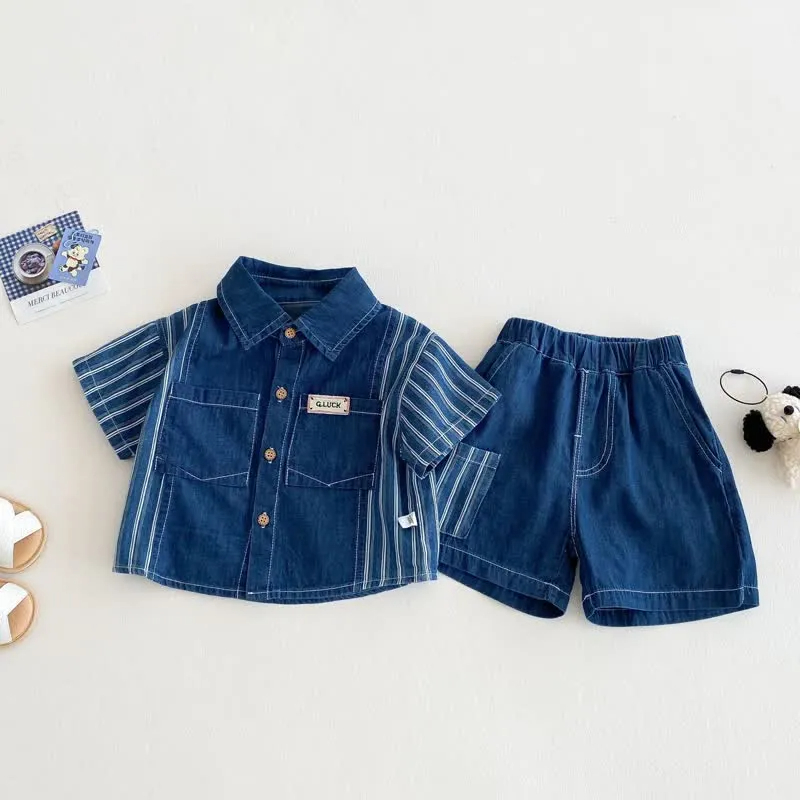 Baby 2-Piece Vertical Striped Denim Polo Set