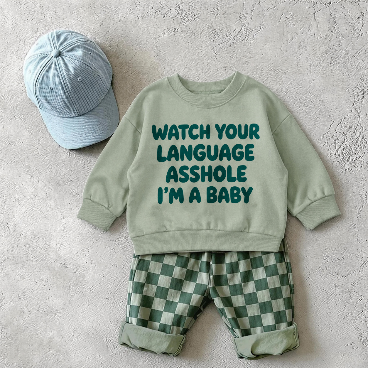 WATCH YOUR LANGUAGE ASSHOLE I'M A BABY Baby & Kid Sweatshirt and Checkerboard Pants Set