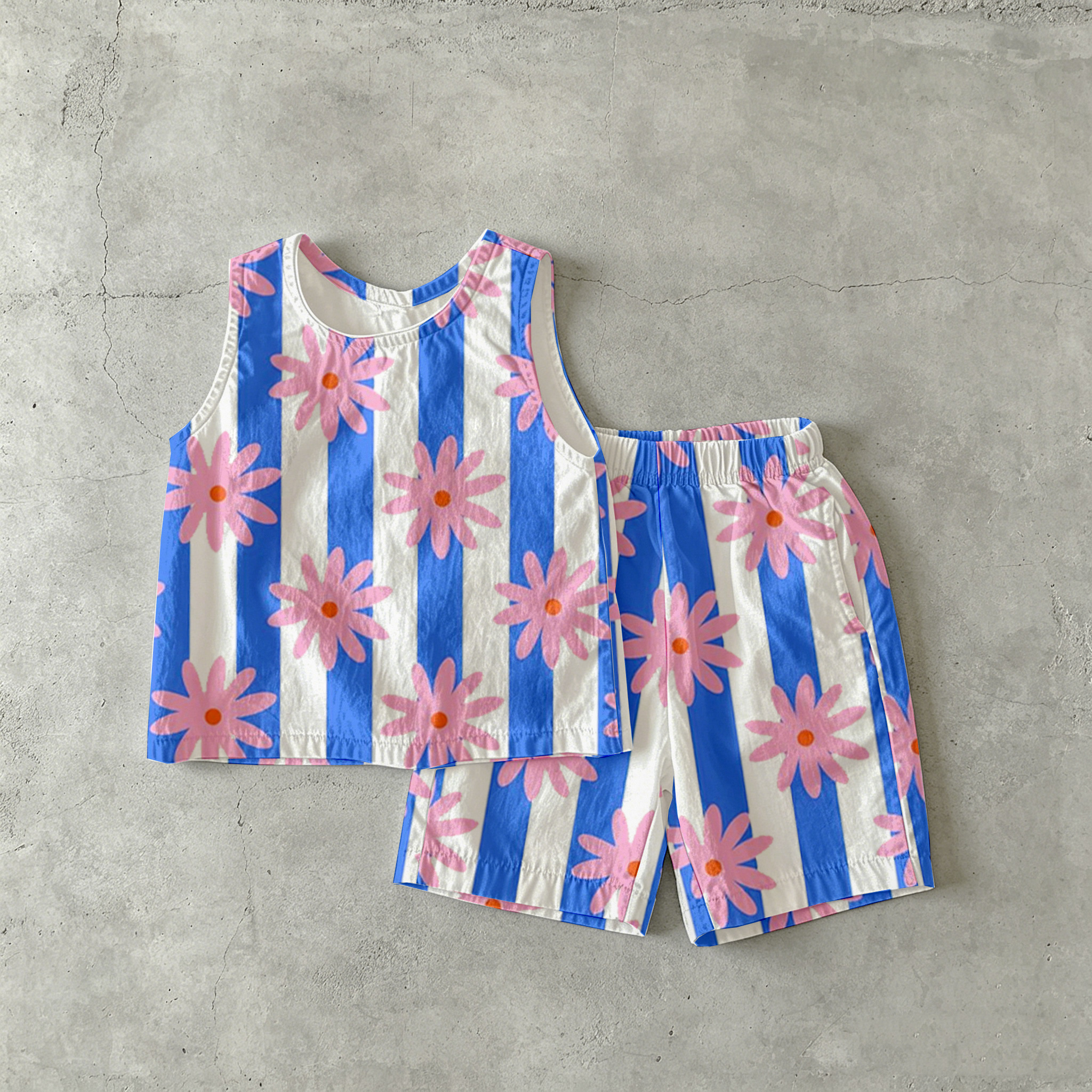 Baby & Kids Blue Stripe Flowers Tank and Shorts Set