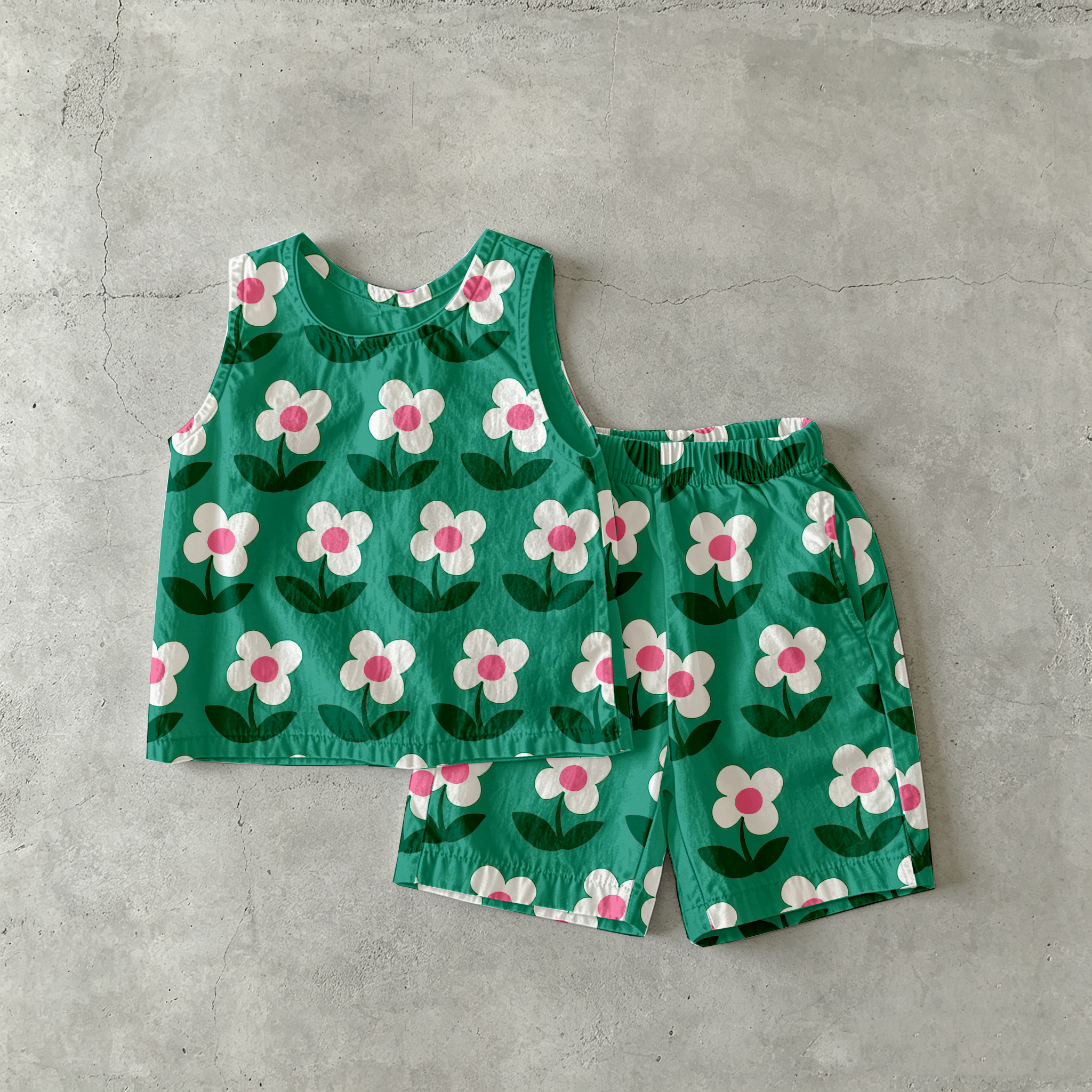 Baby & Kids Flowers Tank and Shorts Green Set