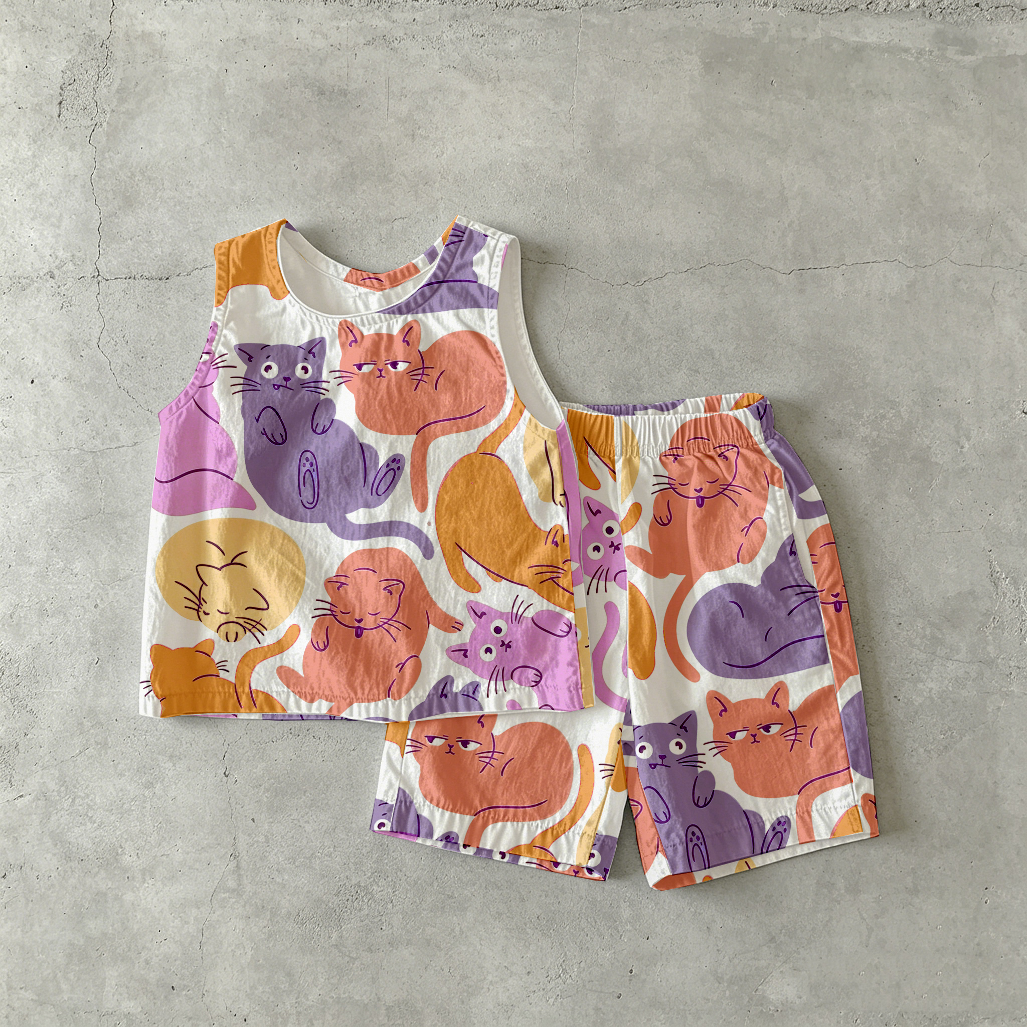 Baby & Kids Colorful Cats Tank and Shorts Stripe Set