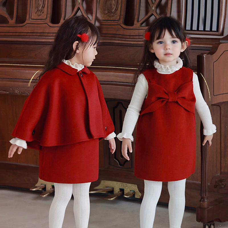 2 Pieces Toddler Girl Red Woolen Dress Set