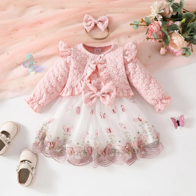 Baby 2-Piece Flower Butterfly Dress Set with Headband