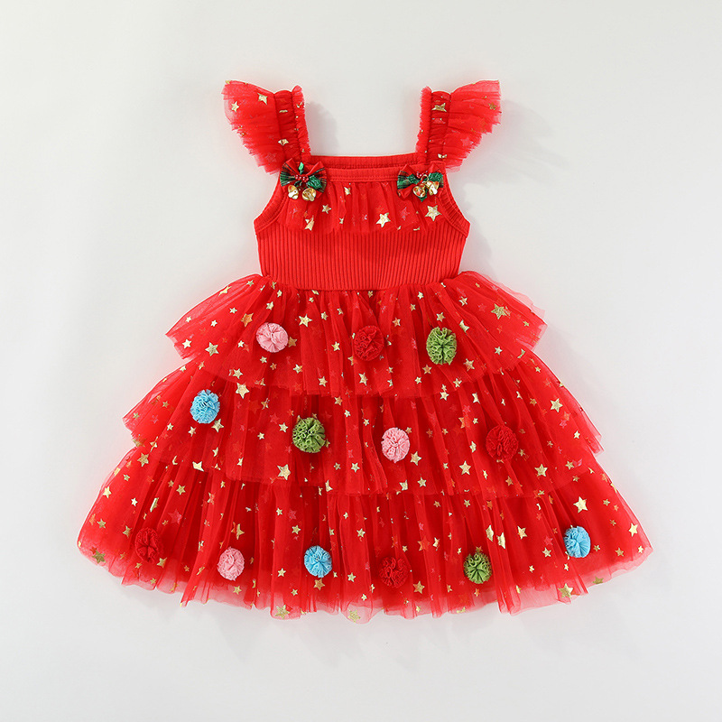 Kids Christmas Tulle Flowers Star Dress