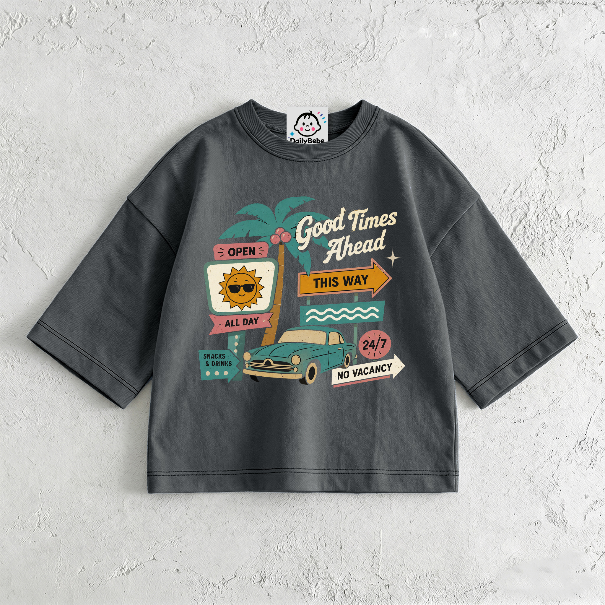 Baby & Kids Retro Car Palm Tree Dark Grey T-Shirt (6M-12Y)