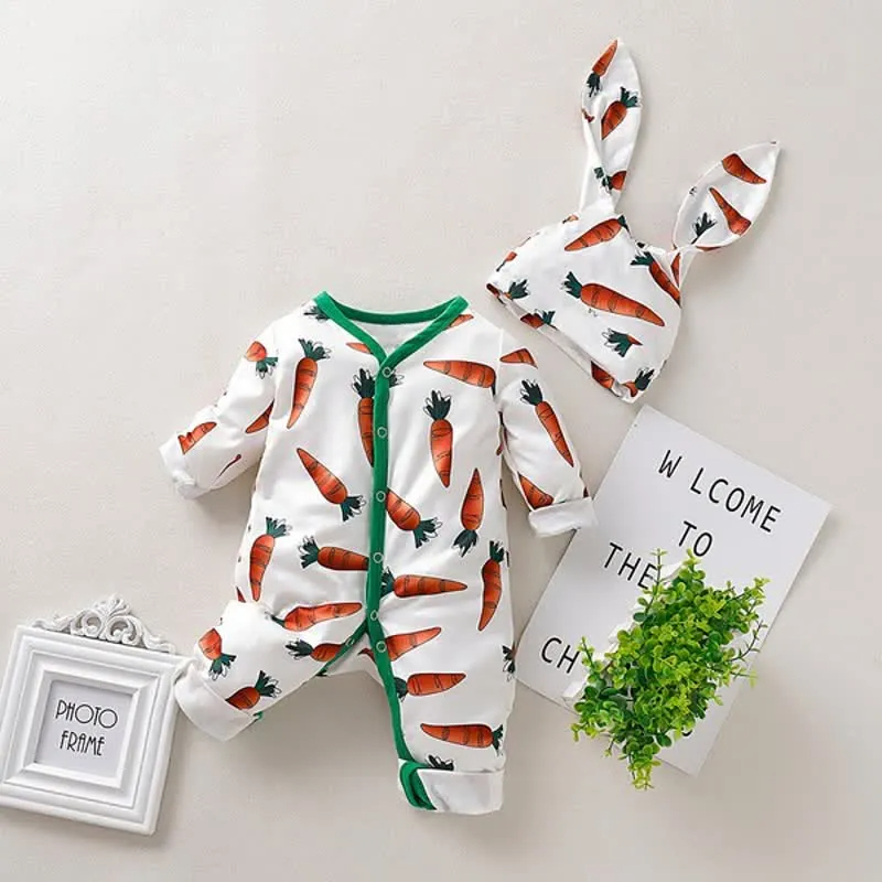 Baby Carrot Rabbit Ear Romper with Hat