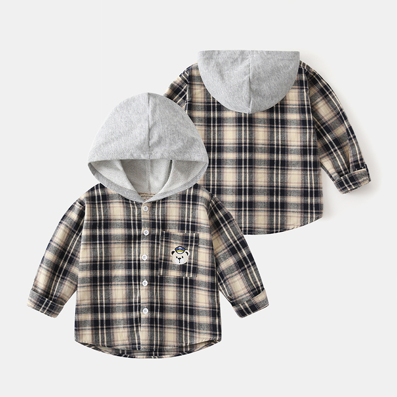 Toddler Boy Bear Plaid Hooded Shirt