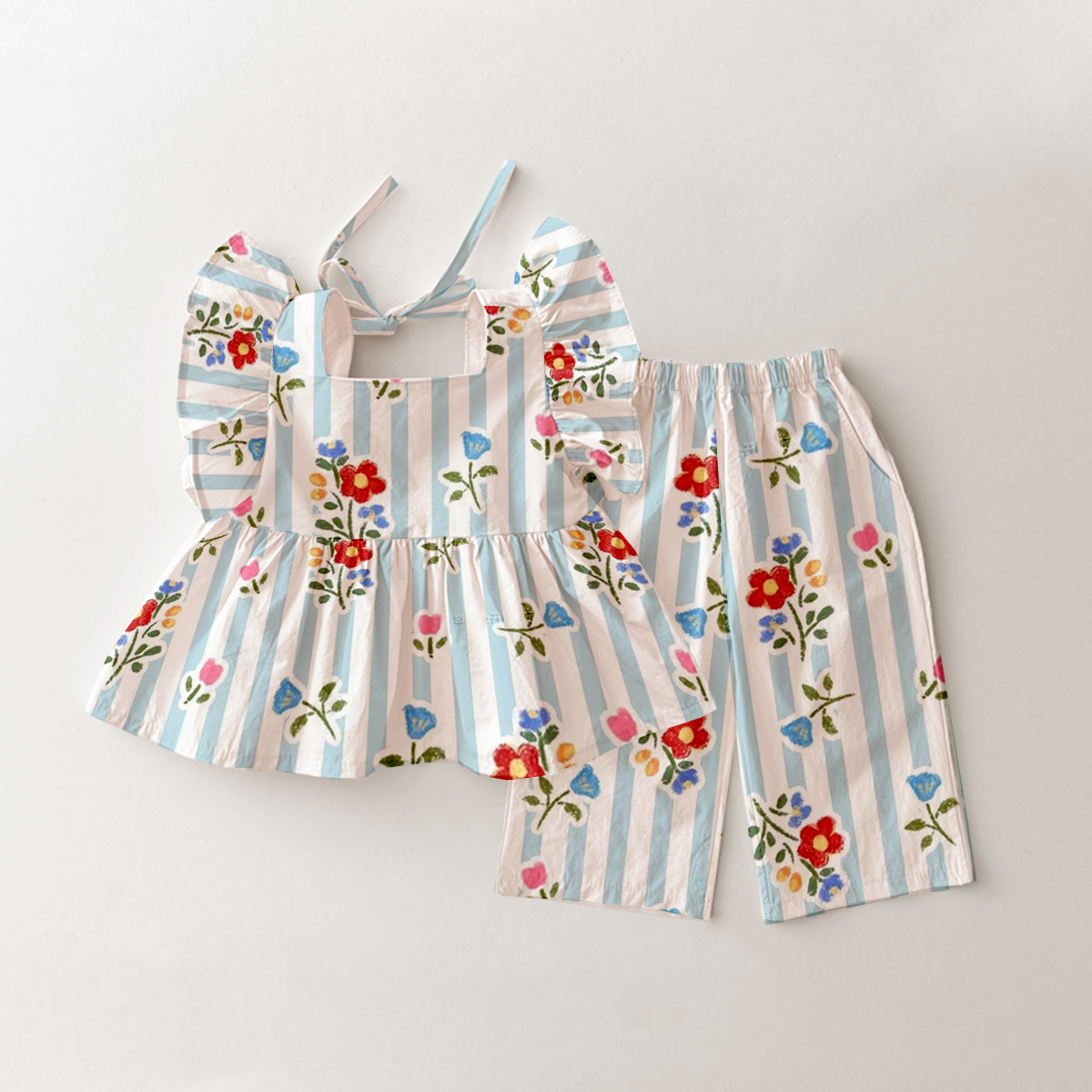 Baby & Kids Florals Stripe Ruffle Sleeves 2 Piece Set