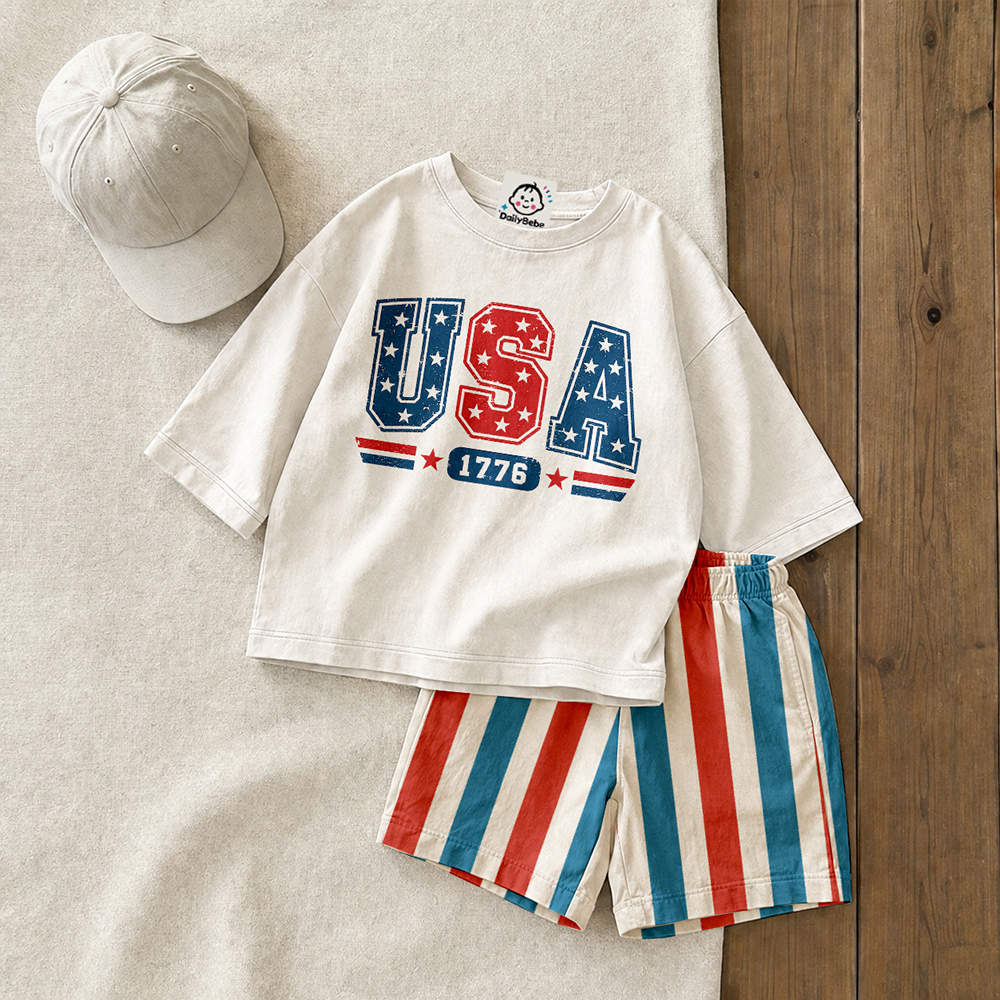 USA 1776 Baby & Kids Tee and Stripe Shorts Sets
