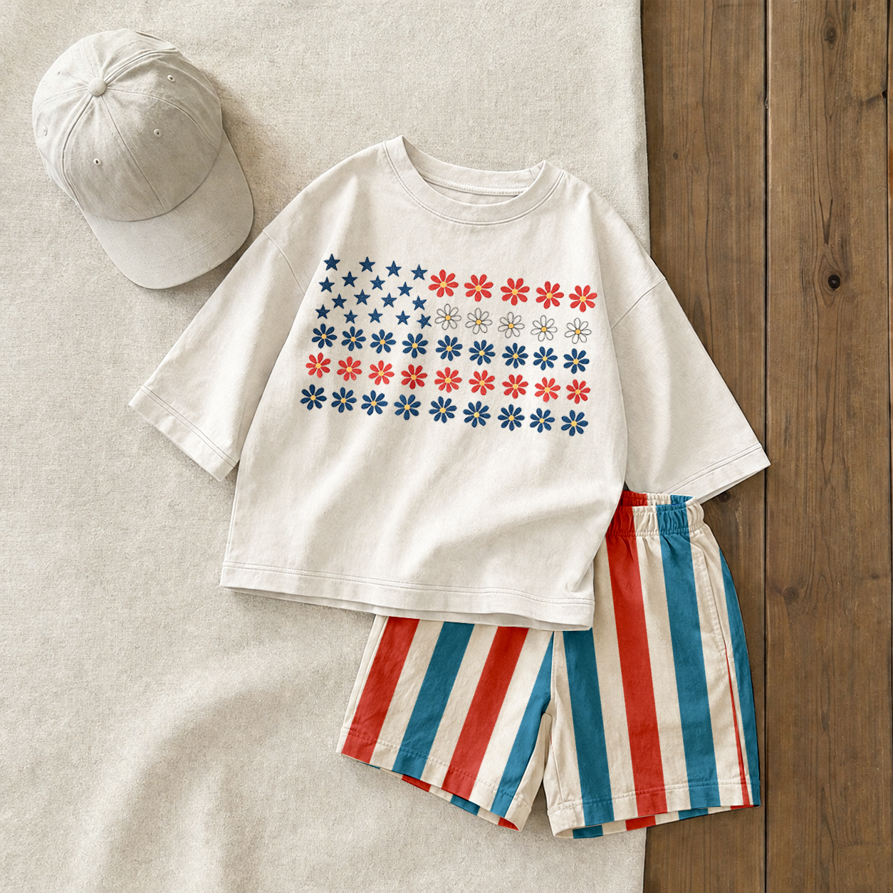 Baby & Kids Floral National Flag Tee and Stripe Shorts Sets