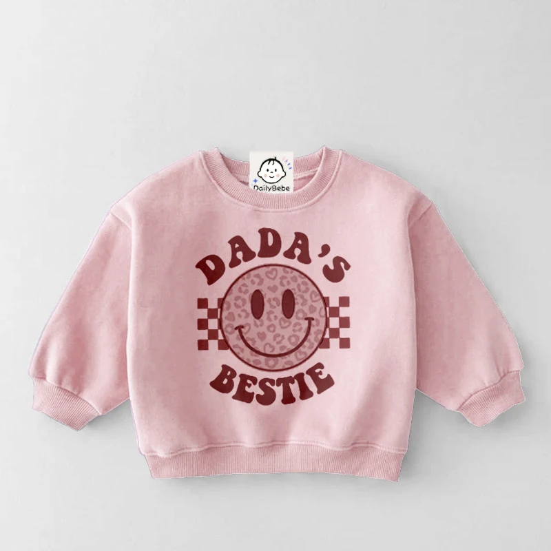 DADA'S BESTIE Baby & Kids Checkered Smiley Face Pink Sweatshirt