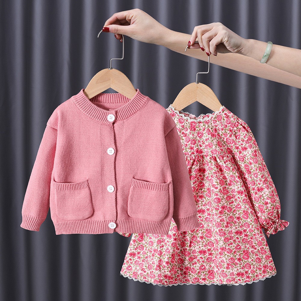 2-Piece Baby Kids' Girls' Cardigan & Floral Print Dress Set