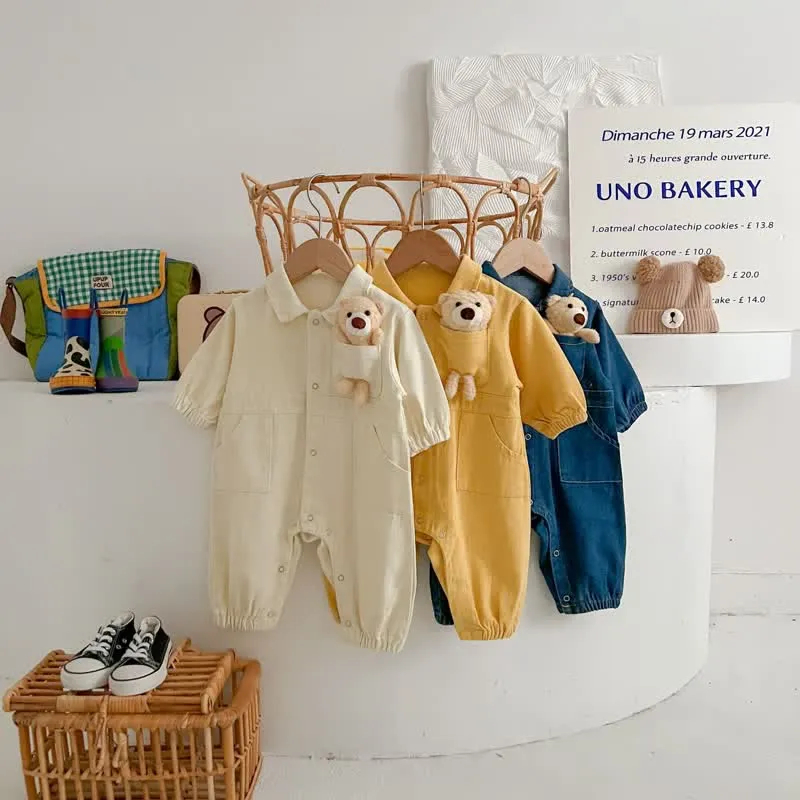 Baby Bear Pocket Lapel Denim Romper