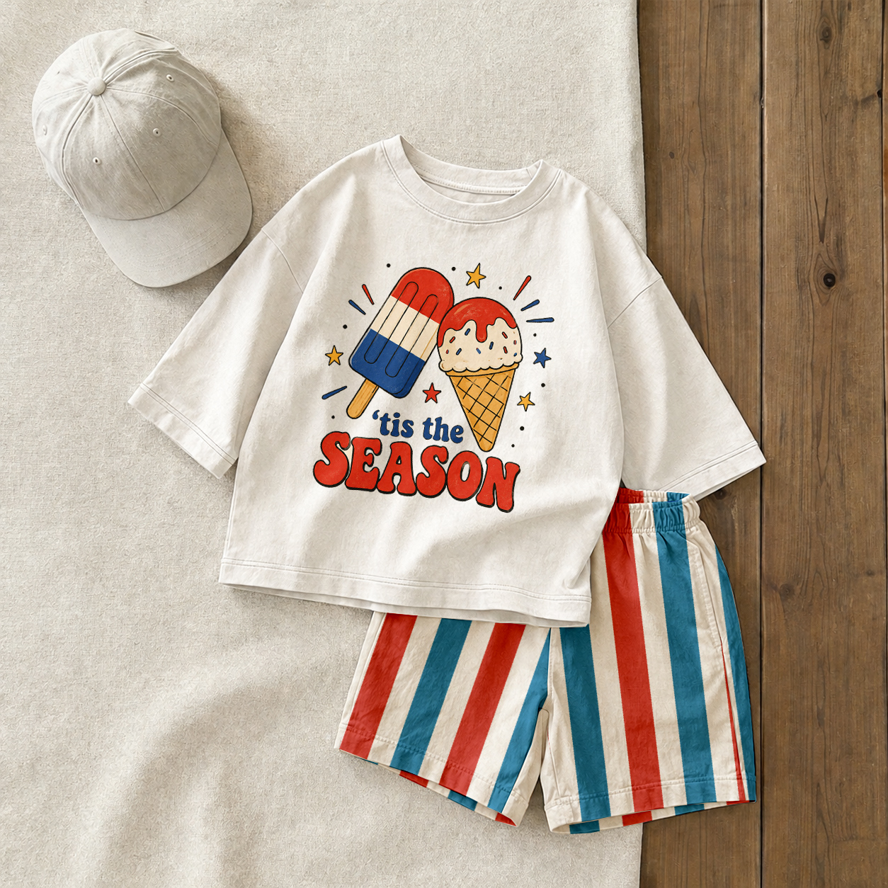 'TIS THE SEASON Baby & Kids Ice Cream Tee and Stripe Shorts Sets