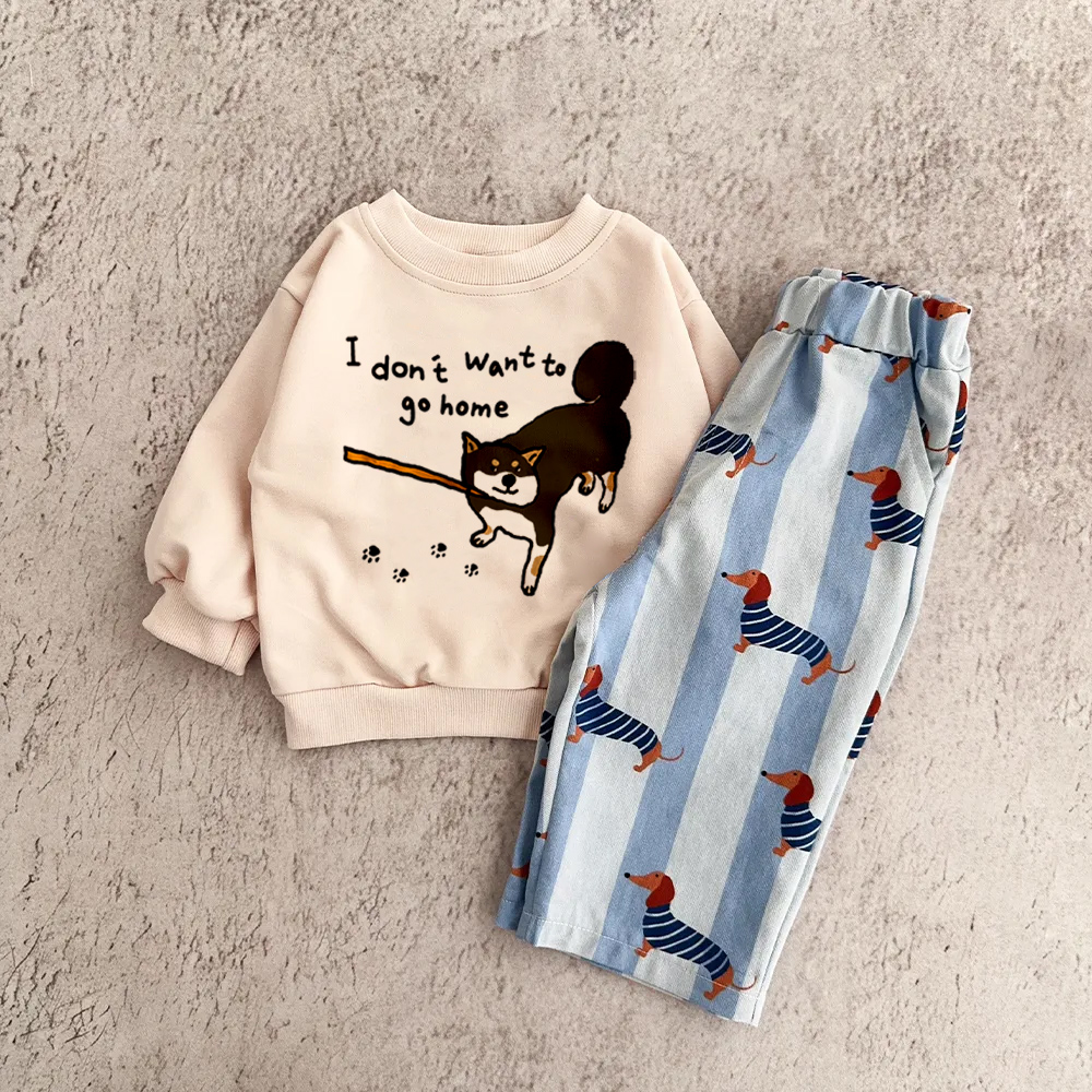 I DON'T WANT TO GO HOME Baby & Kids Husky Dachshund Jeans 2-Piece Set