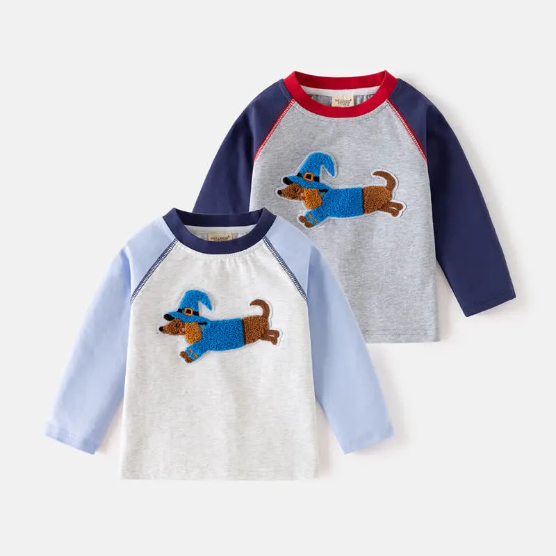 Toddler Embroidered Dog Contrast Color Raglan T-Shirt