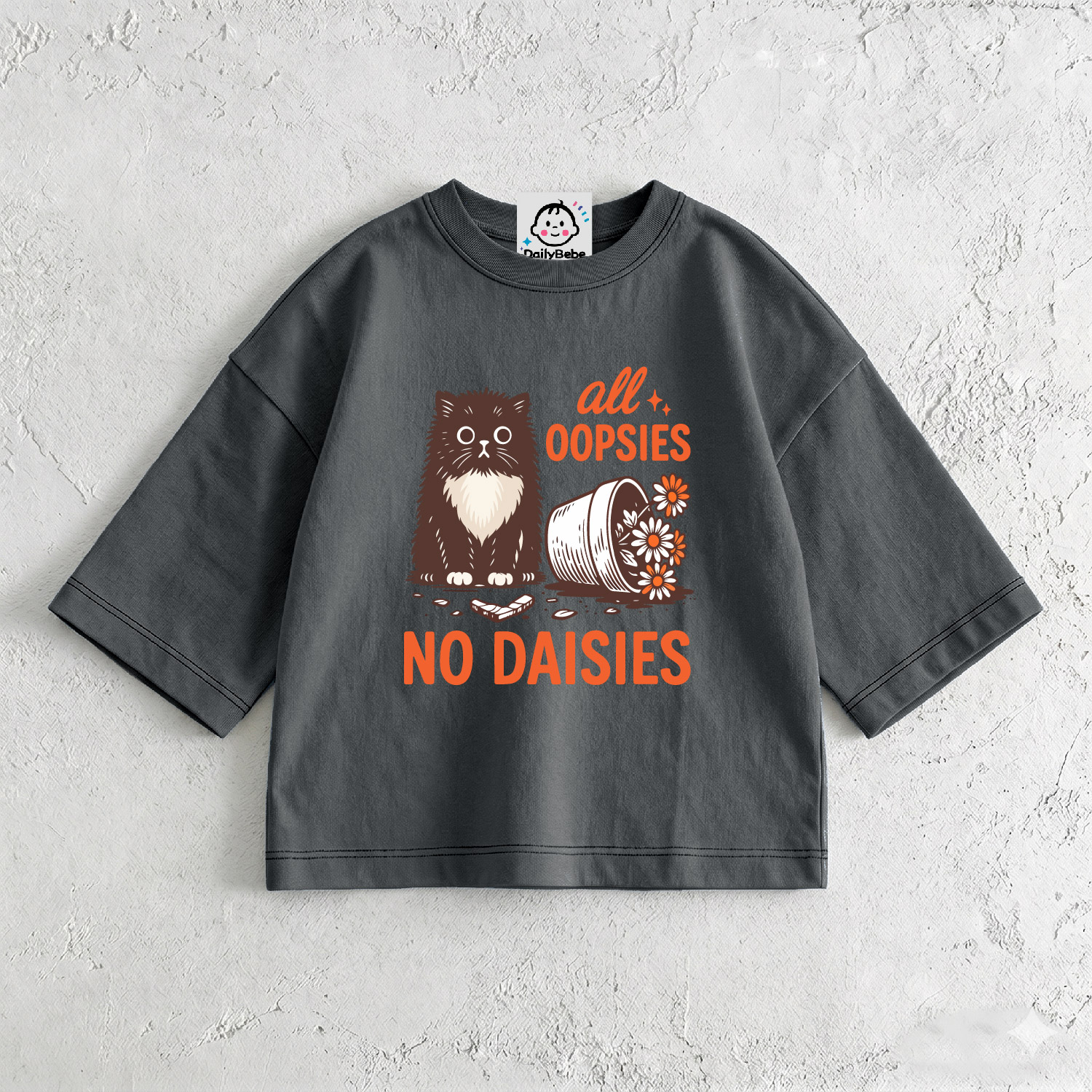 ALL OOPSIES NO DAISIES Baby & Kids Cat Flower Grey T-Shirt (6M-12Y)
