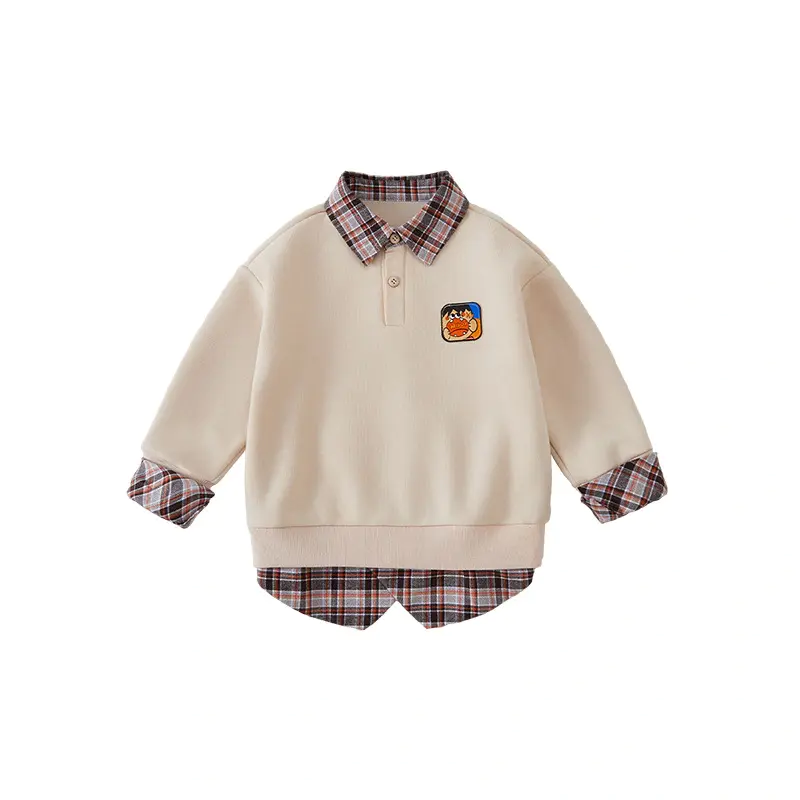 Kids Fake Two-Piece & Plaid  Collar & Cartoon Patch & Sweatshirt