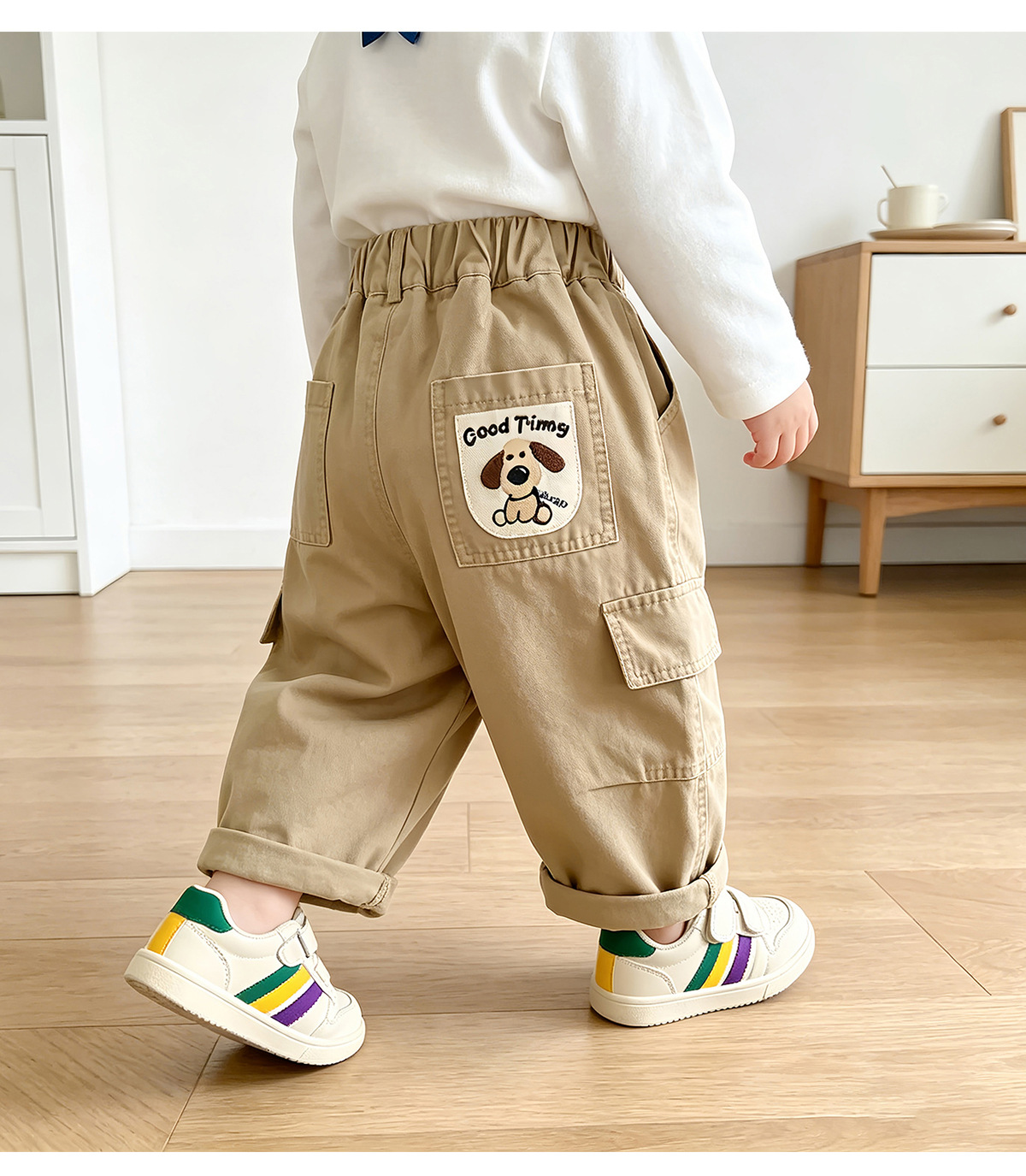 Kids Solid Color Embroidered Dog Cargo Pants