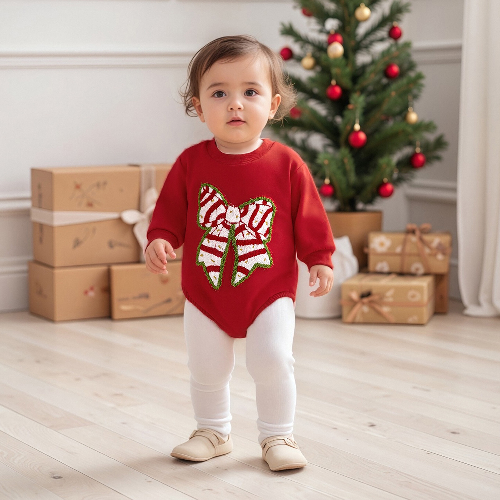 Baby Girls Christmas New Cartoon Bow Embroidered  BODYSUIT