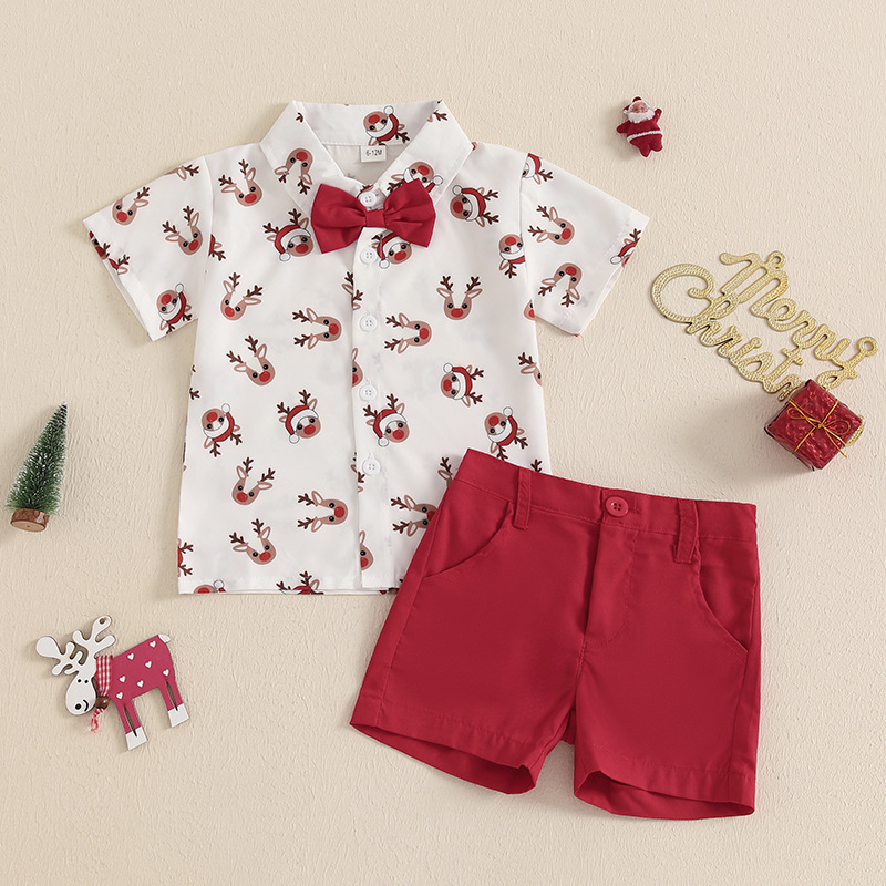 Boys & Christmas Deer Print Bow Tie Short Sleeve Shirt and Shorts 2-Piece Set
