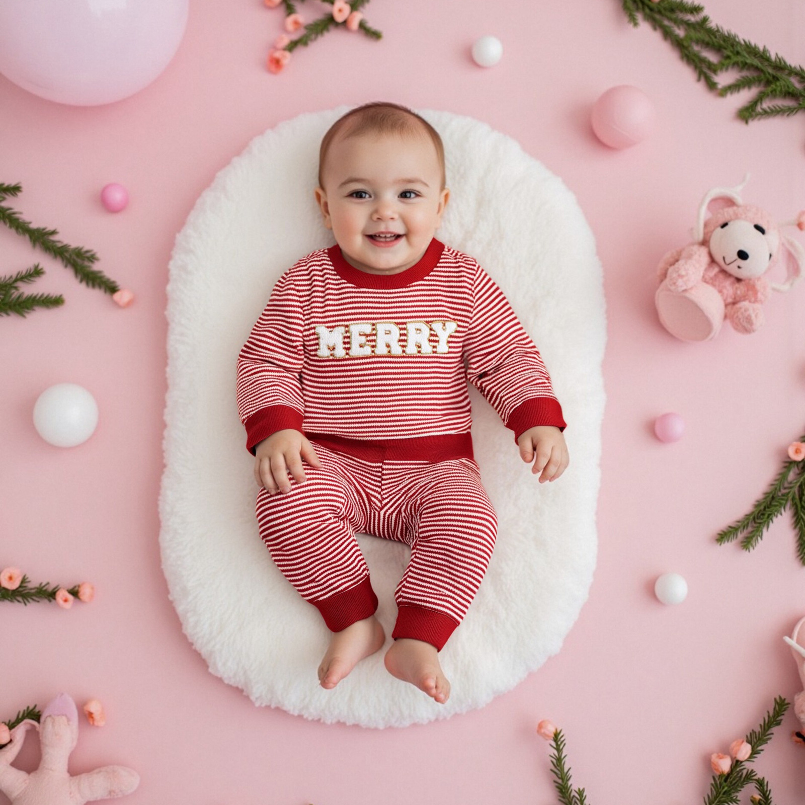 Baby Christmas Waffle Kids MERRY Embroidery Stripe 2-Piece Set