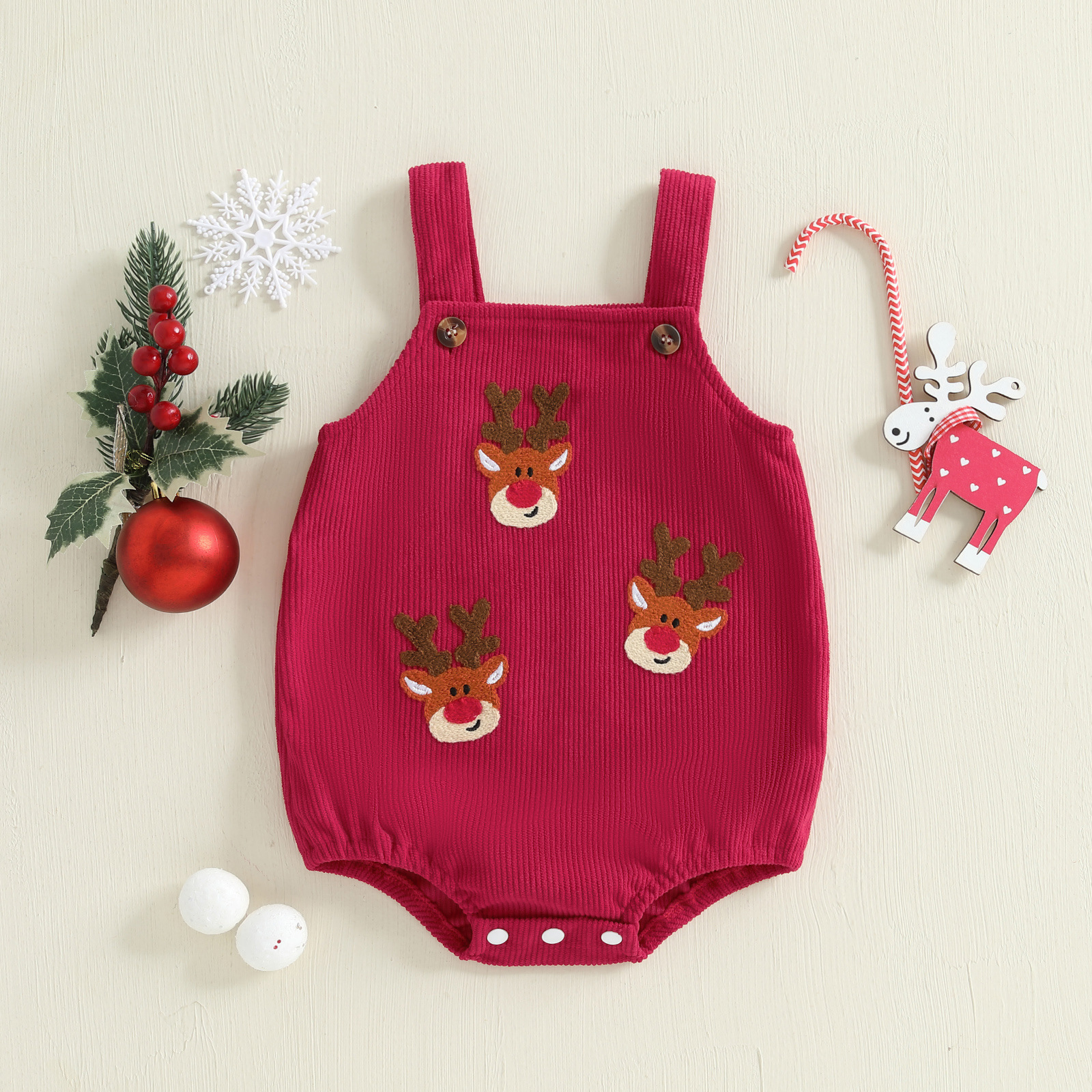 Baby Christmas Corduroy Sling , Deer Head Embroidery Bodysuit