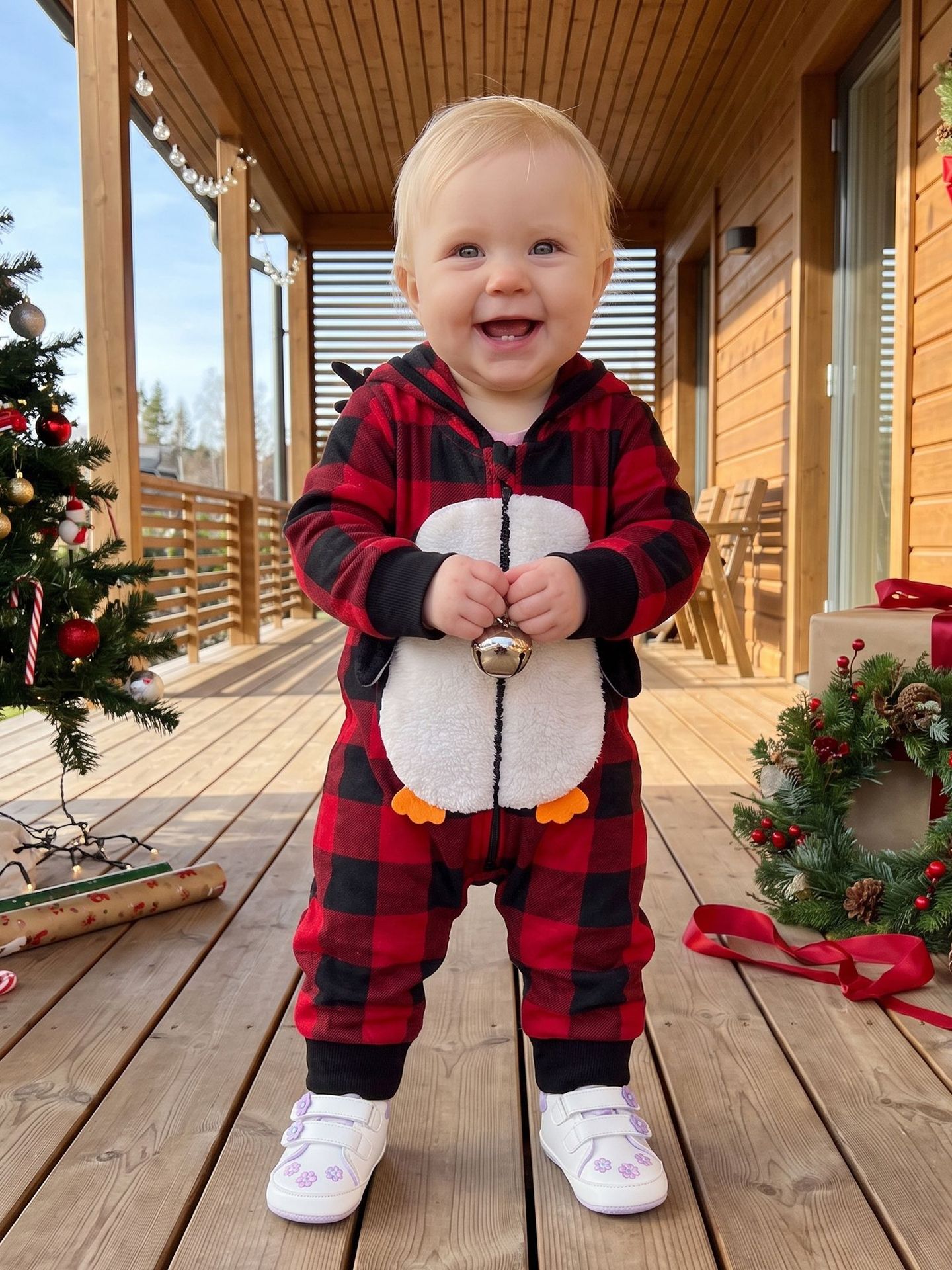 Cute Penguin Baby Hooded Zipper & Allover Print Plaid Long Sleeve Jumpsuit