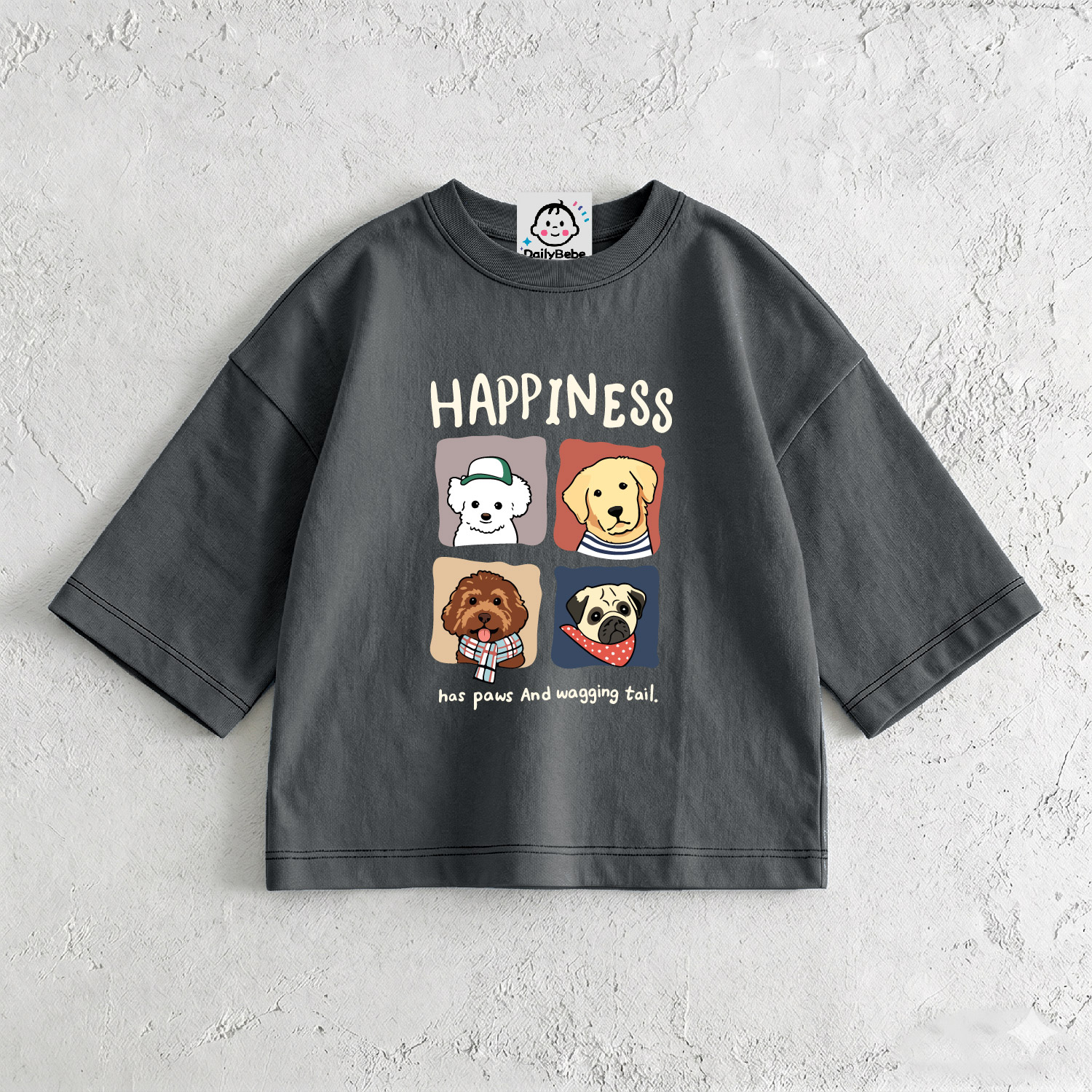 HAPPINESS HAS PAWS AND WAGGING TAIL Baby & Kids Dog T-Shirt (6M-12Y)