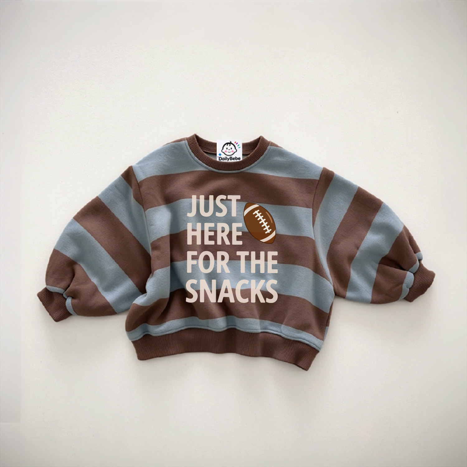 JUST HERE FOR THE SNACKS Baby & Kids Football Stripe Sweatshirt