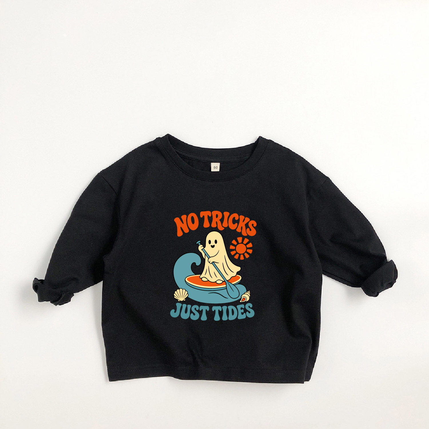 NO TRICKS JUST TIDES Kids Ghost Pumpkin Skull Long-Sleeve T-shirt